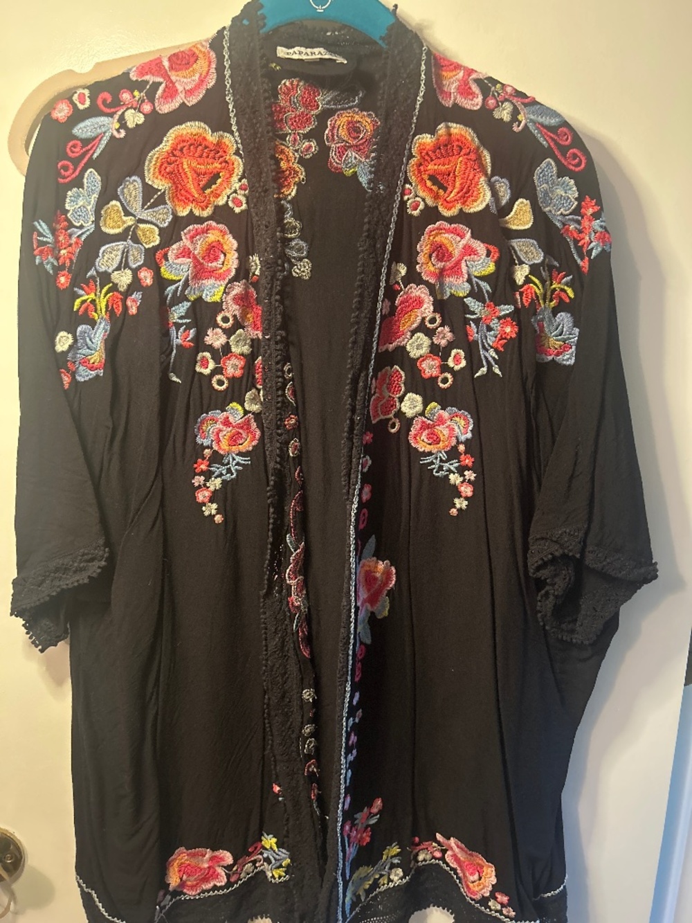Paparazzi Floral Embroidered Black Open cardigan cover up size XL